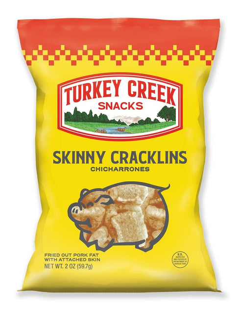 12 packed 2.0 oz Turkey Creek - Americas Best Fried Pork Skins, offers a bag case of its Original Skinny Cracklins.