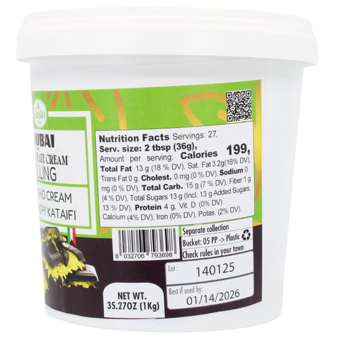 30% 35 oz (1kg), GUSTO ETNA Dubai Pistachio Chocolate Bar Filling- Pistachio Cream with Crispy Kataifi Pistachios