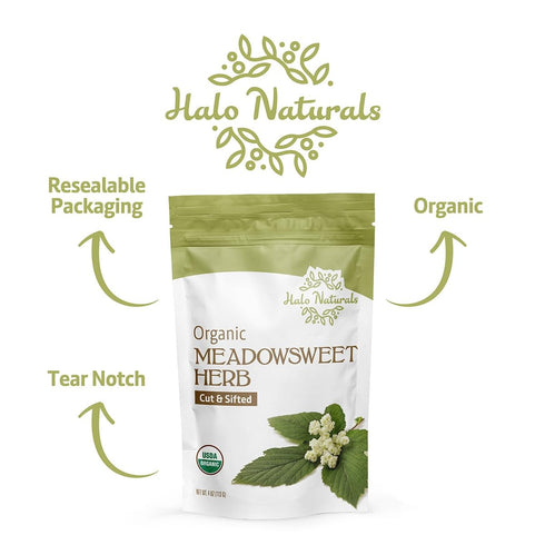 Halo Naturals Organic Meadowsweet Herb Cut & Sifted - 4 Ounces, USDA Certified, Resealable Pouch