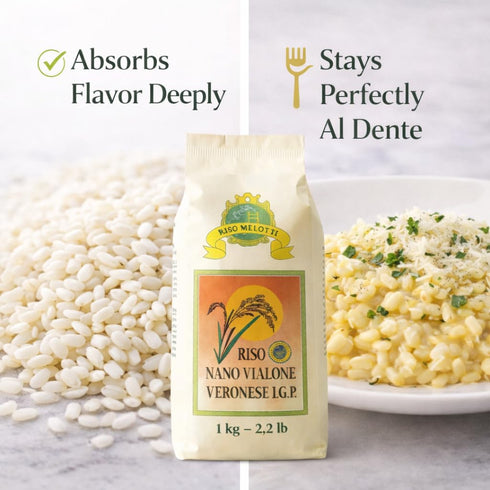Riso Melotti 2.2 lb (1 Nano Vialone Veronese IGP Risotto Rice Premium Italian Rice, High Starch for Creamy Texture
