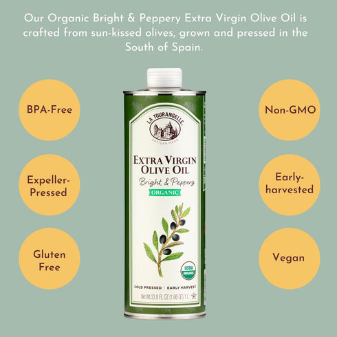 33.8 oz (1 La Tourangelle, Organic Extra Virgin Olive Oil, Cold-Pressed Early Harvest EVOO from Spain, Bright