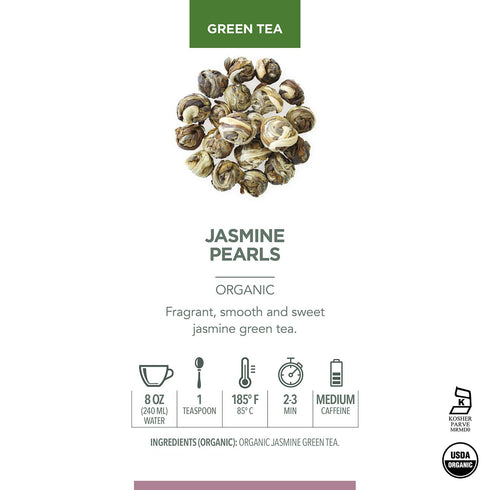 5.29 oz/150 90-120 Teabloom Organic Green Tea, Jasmine Pearls Loose Leaf Tea, Captivating and Aromatic Jasmine Tea