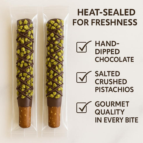 The Brittle Box Candy Co. 16 Pack Pistachio Chocolate Covered Pretzel Rods Hand-Dipped, Made Fresh to Order