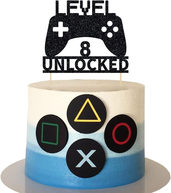 Level 8 Unlocked Cake Topper: Video Game Cake Decoration for 8th Birthday Party