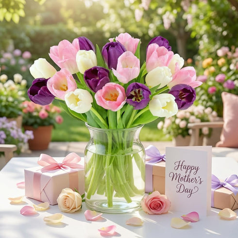 (20 Benchmark Bouquets Seasonal Tulip Mix Mothers Day Flowers for Delivery Fresh Cut Tulips for Mom Pink White Purple