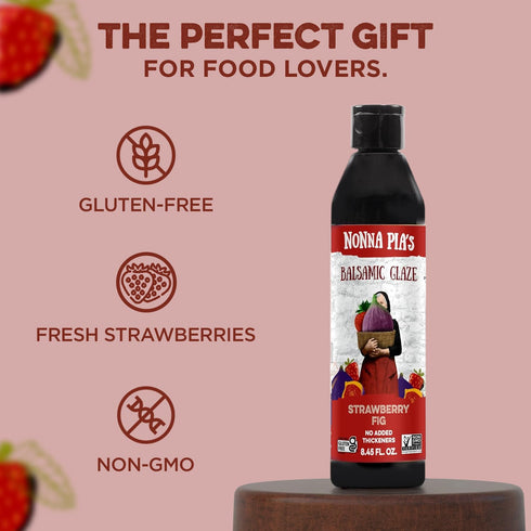 8.45oz (Pack 2) Nonna Pias Strawberry Fig Balsamic Glaze - Slow Infused Fruit-Flavor - IGP Certified Balsamic Vinegar