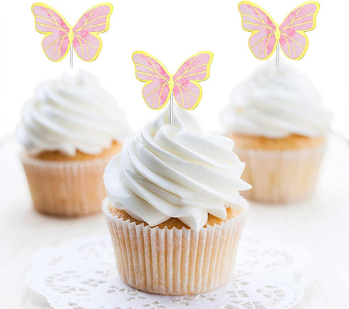 66 Pcs Butterfly Cupcake Toppers, Pink Gold Cake Topper Picks for Birthday Party Decor, Wedding, Baby Shower