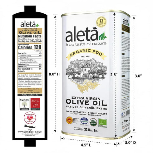 1 (33.8 oz.) Pack 1 Aleta, USDA Organic Greek Extra Virgin Olive Oil, EU Certified Single Estate PDO Greece, Lt Tin