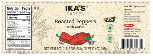 Ika's Garden 18.7 oz Ikas Garden Roasted Peppers with Garlic, Fire-Roasted Sweet Peppers in Olive Oil | Vegan |