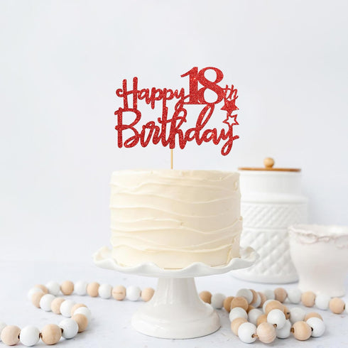 Red Glitter 18th Birthday Cake Topper - Happy Eighteen Cake Topper - Cheers to 18 Years Party Decorations