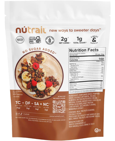 8 oz. 1 Count (Pack 2) NuTrail Nut Granola Cereal, Dark Chocolate, No Sugar Added, Keto, Low Carb, Gluten Free, Grain