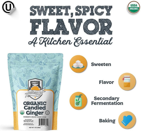 Fermentaholics USDA Certified Organic Dried Candied Ginger, 7 oz for Secondary Fermentation & Kombucha Flavoring