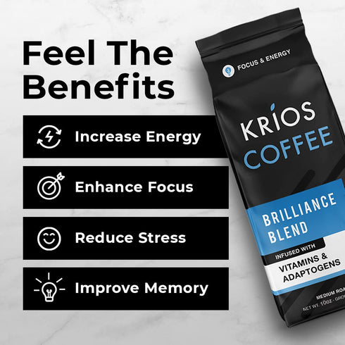 Krios Coffee Brilliance Ground Coffee, Medium Roast with Essential Vitamins, 10 oz Bag