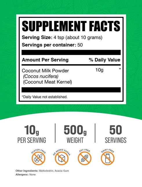 10g 500g (1.1 lbs) (Pack 1) BulkSupplements.com Coconut Milk Powder - Powdered Coconut Milk - Dairy-Free Creamer
