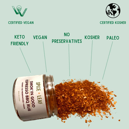 3.8 oz Premium Espresso BBQ Rub by Spice + Leaf - Vegan Kosher and Preservatives Free Spice Blend for Meat, Chicken