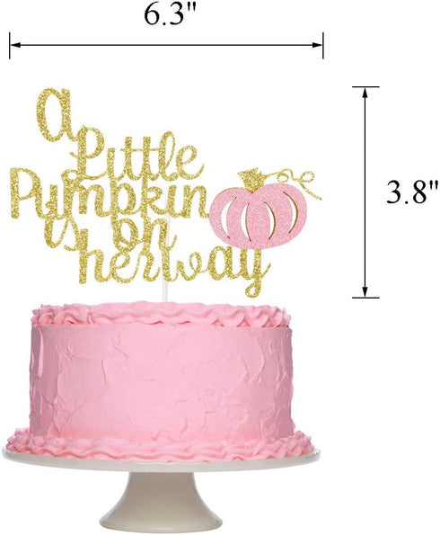 A Little Pumpkin is On Her Way Cake Topper, Pink Glitter Baby Shower Decoration for Fall Theme Party