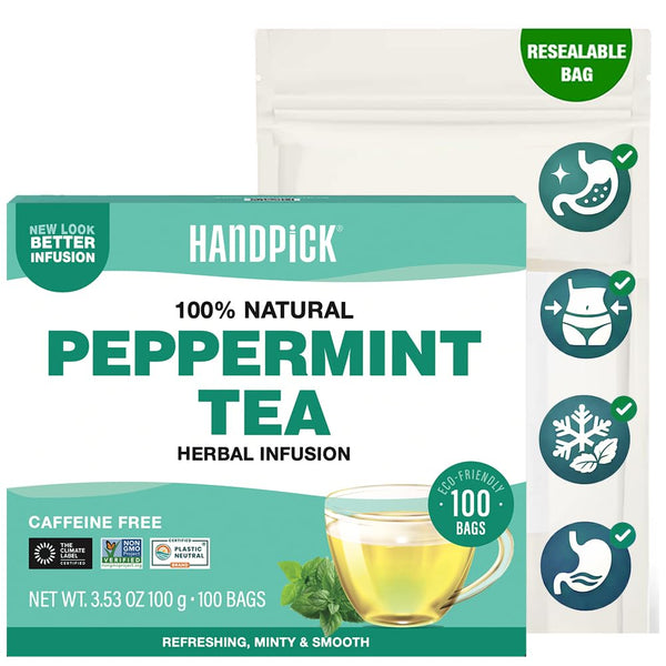 HANDPICK, Peppermint Tea, Eco-Conscious Tea Bags - 100 Count | Caffeine Free,
