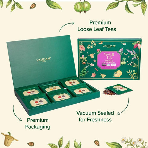 20 Set (100+ Pack VAHDAM World Top Favourites Tea Sampler | Loose Leaf Tea Cups) | Tea Variety with Green, Herbal