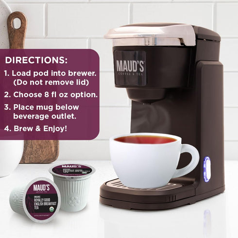 Maud's Organic English Breakfast Black Tea Pods, 24 ct, Recyclable Single Serve Pods, 100% Gourmet Blended Tea Leaves,