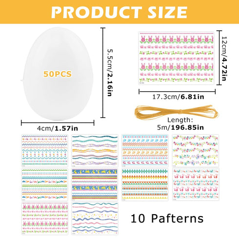 Qirvaten 50Packs Set,Blank Empty Easter Eggs & Decorative Gold Cord & Stickers White Plastic Egg,Fillable Empty DIY
