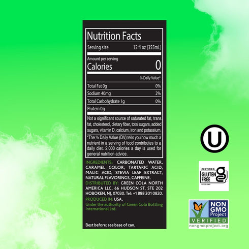 100% 100% 12 Oz Pack 8 Green Cola - Sugar Free, Zero Calories, Naturally Sweetened with Stevia Leaf Extract, Carbonated
