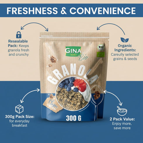 GINA Bio GINA Organic Granola Classic Vegan with toasted oats & seeds- Crunchy granola adds texture & flavor