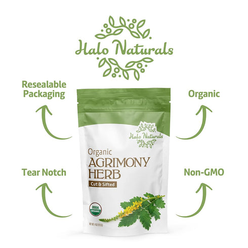 Halo Naturals 4 Packaged Organic Agrimony Herb Cut & Sifted, Ounces (Agrimonia eupatoria) USDA Certified | Resealable