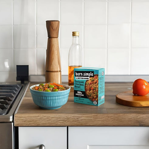 20g 11 oz (Pack 6) Born Simple Ready to Eat Meals with Sporks, Teriyaki Chicken Bowl, Improved Recipe - Protein