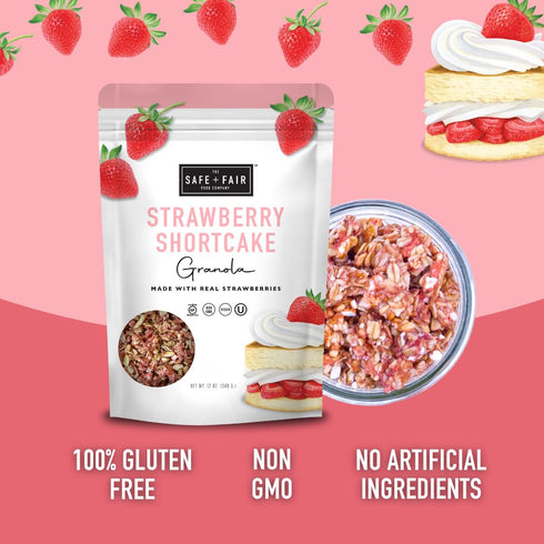 12oz Safe + Fair Strawberry Shortcake Granola Gluten-Free, Dairy-Free & Vegan Snack Allergen-Free, Non-GMO, and No