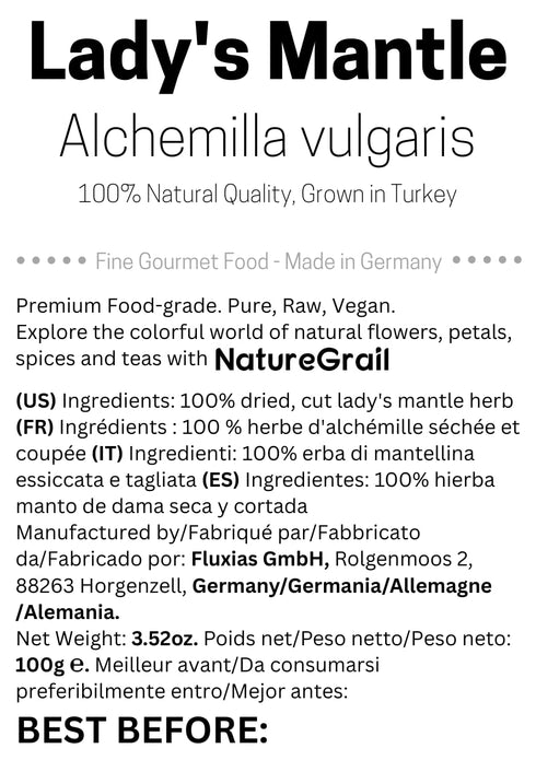 Lady's Mantle Tea - Dried, Cut Alchemilla vulgaris Herb, Fine Gourmet Grade, Net Weight: 3.52oz/100g