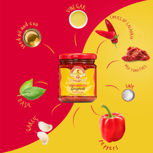 6.5 oz TUTTOCALABRIA Hot Spaghetti Sauce Authentic Italian Chili Sauce, made with Spicy Calabrian Peppers Net Weight