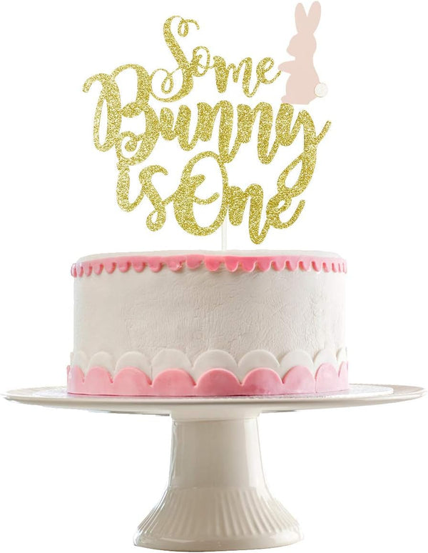 Gold Glitter Some Bunny One Birthday Cake Topper - Bunny 1st Birthday Cake Topper for Easter Party Decorations