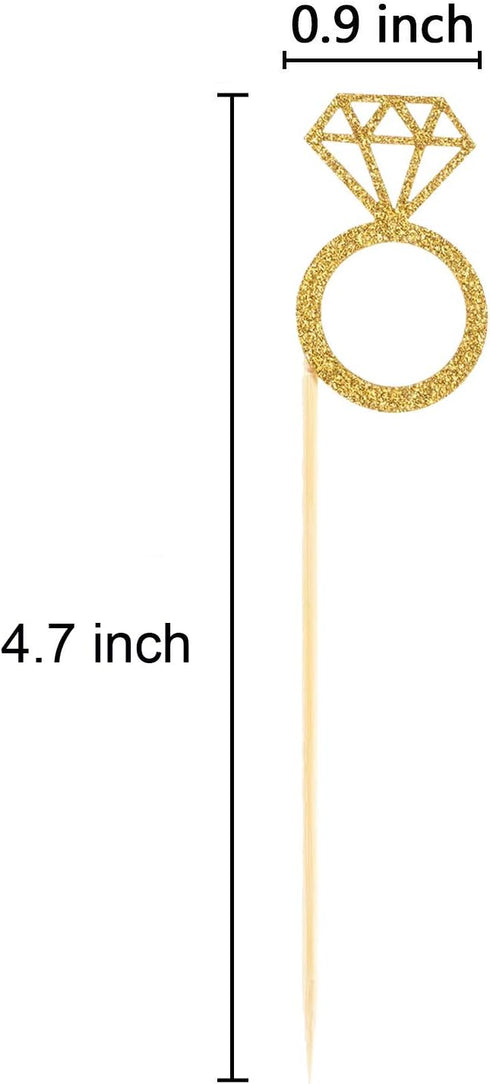 50 Pack Gold Glitter Mini Diamond Ring Cupcake Toppers for Marriage, Engagement, Anniversary, Birthday Party Cake Decor