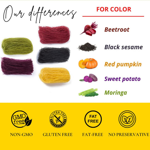 5-Color 3 Packs 8.8 oz Vegetable Rice Vermicelli Noodles Pumpkin, Sweet Potato, Beetroot, Sesame & Moringa Gluten Free