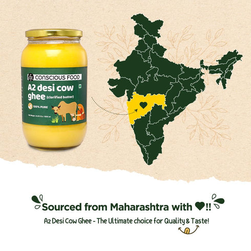 A2 33.814 Oz (1L), 100% Conscious Food Desi Cow Ghee - Fl Clarified Butter - Pure and Premium, Cultured Ghee, Natural