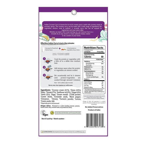 Simmer 12 (5.29 oz Indian Sauce Coconut Curry Organic, Vegan, Gluten-Free, GMO-Free Microwavable Cooking Sauce Pouches