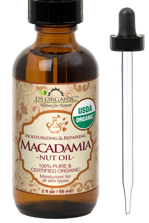 US Organic Macadamia Nut Oil Unrefined Virgin, Pure & Natural, Cold Pressed, 2 oz in Amber Glass Bottle with Dropper