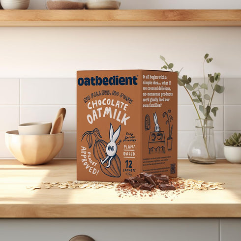 10 oz 12 Oatbedient Chocolate Oat Milk Powder, Sachets, Non-Dairy Milk Powder, NGMO, Vegan, No Preservatives, Lactose