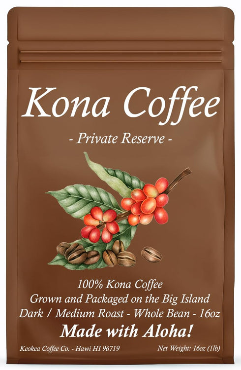 Keokea Coffee Co. 100% Hawaiian Kona Coffee - Whole Bean - Dark/Medium Roast - 1lb