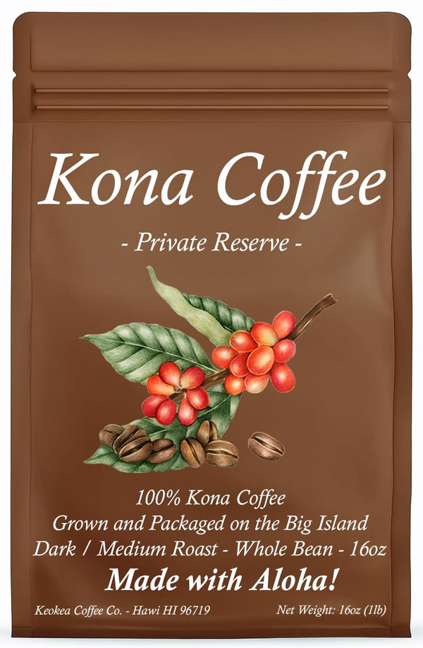 Keokea Coffee Co. 100% Hawaiian Kona Coffee - Whole Bean - Dark/Medium Roast - 1lb