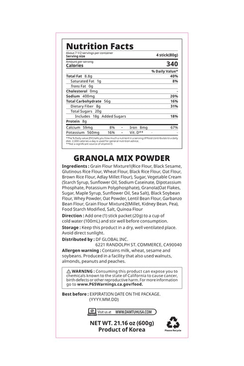 20g 30 Packs Damtuh Misugaru Powder Drink Mix Korean Multigrain Granola Blend with Oats, Quinoa & Black Sesame, Roasted