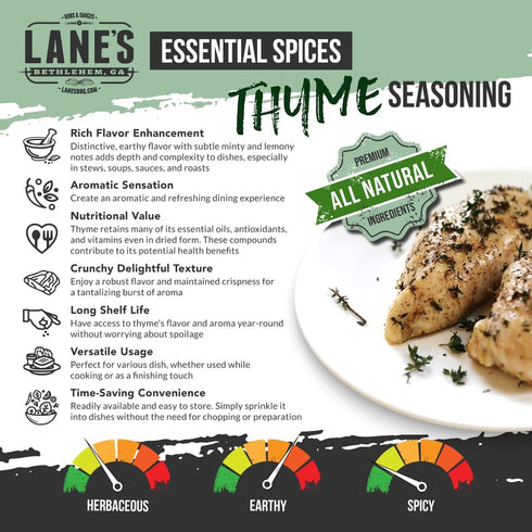 2.75 oz Lane's Thyme Seasoning, - Dried Thyme Leaves for Cooking, Herbaceous Aroma & Robust Flavor, Ideal for Roasts
