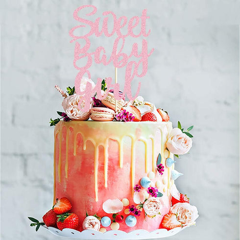 Sweet Baby Girl Cake Topper, Rose Gold Glitter for Newborn Gender Reveal, Baby One Month, 1st Birthday Party Supplies