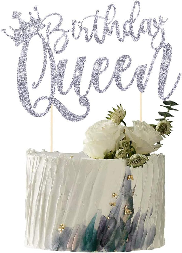 Handmade Glitter Queen Birthday Cake Topper, Happy Birthday Bunting Decor, Party Decoration Supplies (Silver)