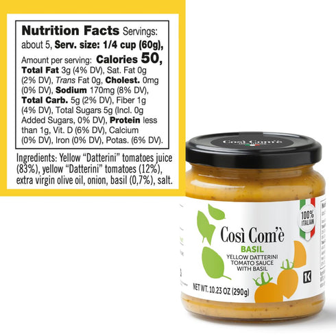 Yellow Tomato Pasta Sauce with Basil, 10.23 Oz, Made with Yellow Datterino Tomatoes, Pasta Sauce or Pizza Sauce, Non GMO, Non Preservative, Product of Italy, Così Com'è