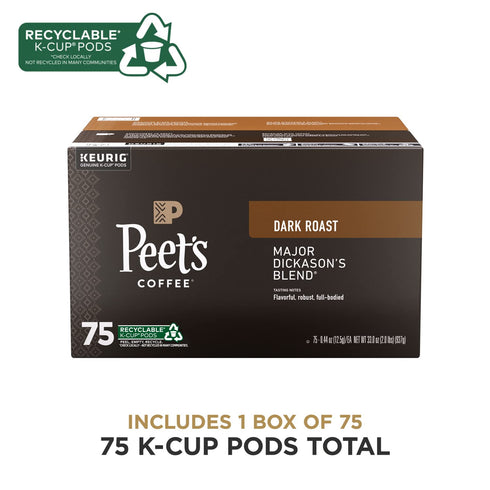 100% 75 Count (1 75 Peet's Coffee, Dark Roast Keurig K-Cup Pods, Arabica Coffee - Major Dickason's Blend Box of Pods)