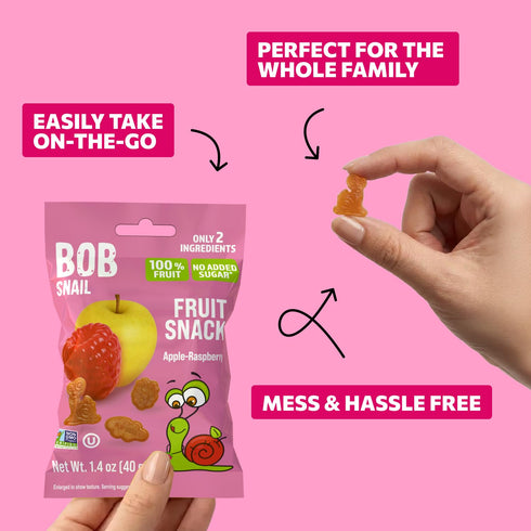 Gummy 12-Pack (480g), Bob Snail Fruit Bites Apple Raspberry flavor, Real Fruit Snacks with No Added Sugar, Vegan