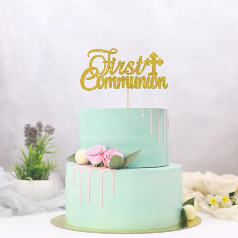 Gold Glitter First Communion Cake Topper - Decoration for Kids' First Communion Cake