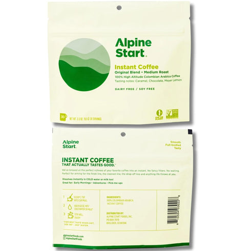 Alpine Start Instant Coffee Powder Mix, Medium Roast Original Blend, Hot or Cold Brew, 30 Servings