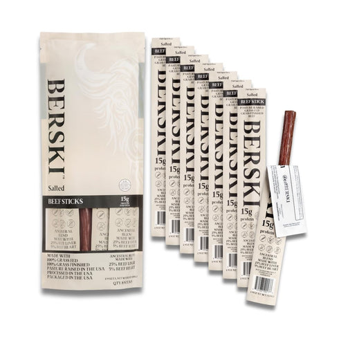 BERSKI Salted Beef Sticks 100% Grass-Fed, Grass-Finished Ancestral Blend with Liver &